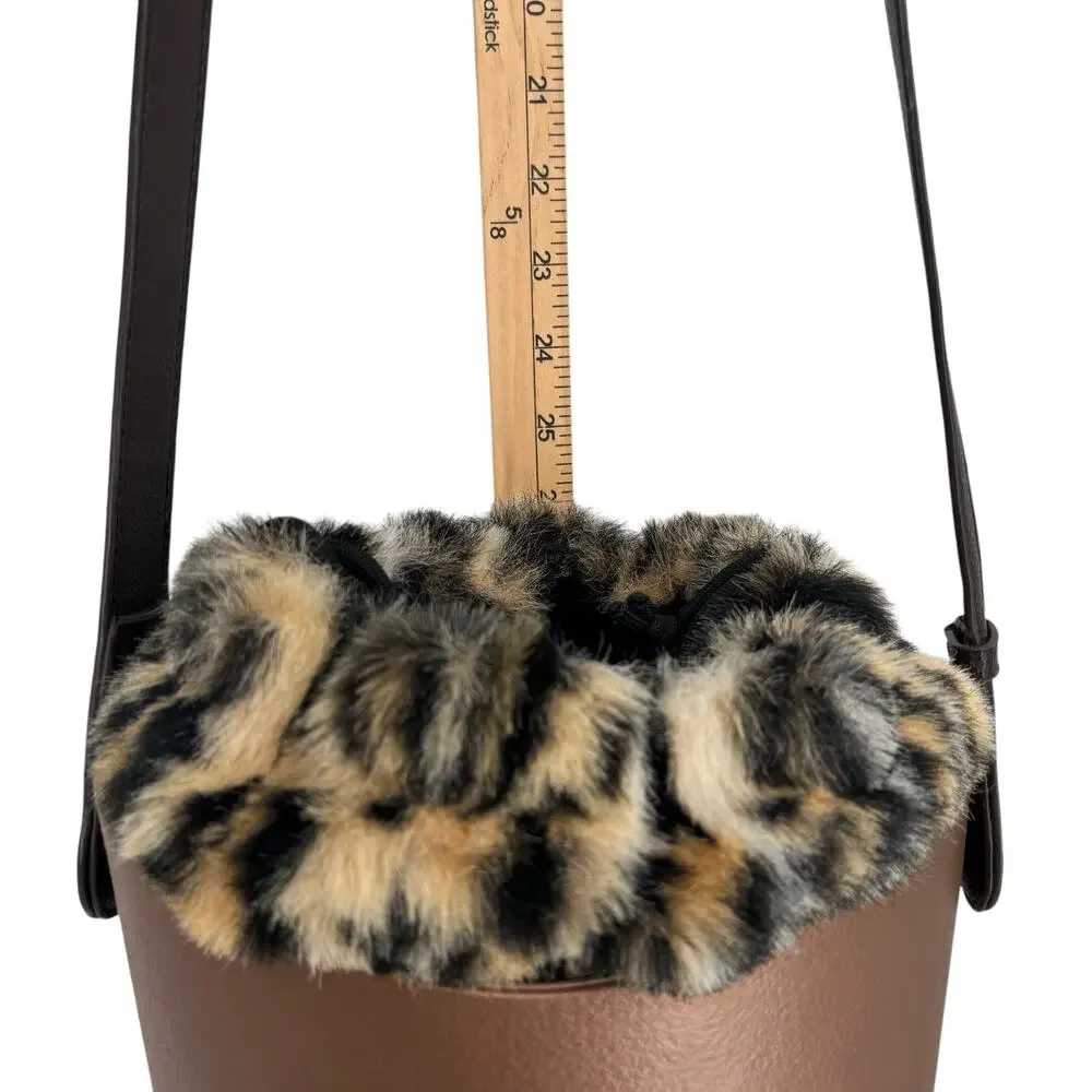 O Bag Italy Eva Compound Basket Tote Crossbody Bronze Faux Leopard Drawstring
